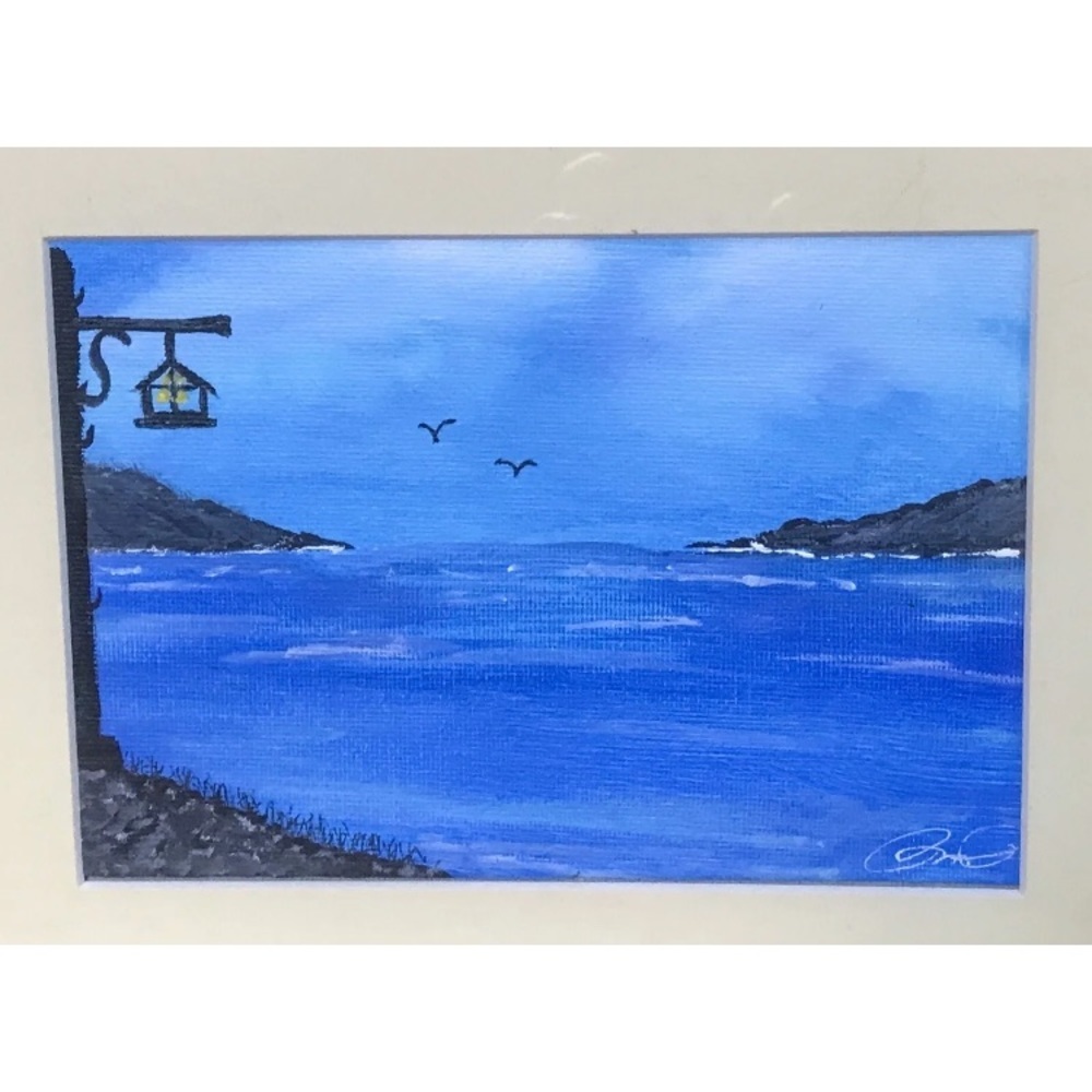 Beach Seagulls Sea Lamppost Painting Signed Art Coastal Peaceful Landscape